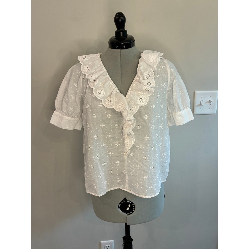 LOFT White Eyelet Ruffle V-Neck Puff Sleeve Cotton Blouse XS RN140923
